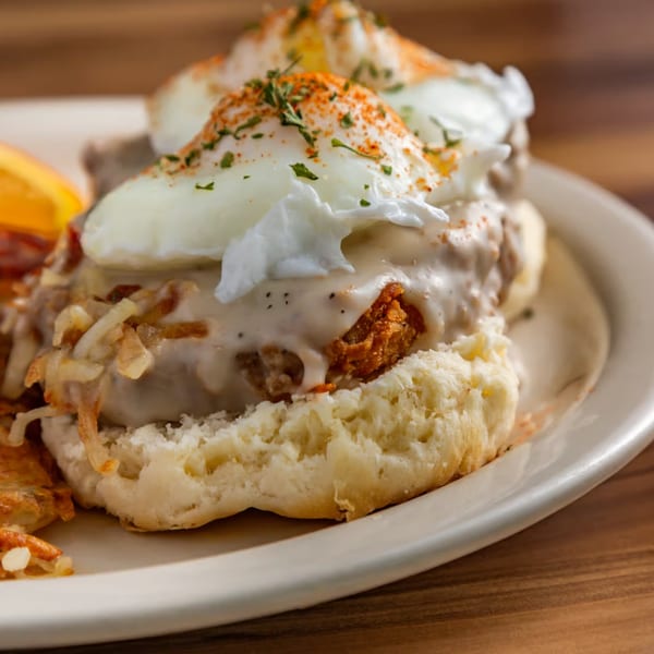 Buttermilk Eatery's biscuits and gravy with fried chicken, hash browns, and poached eggs.