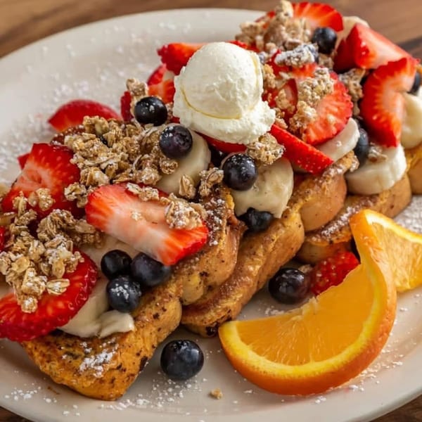 Buttermilk Eatery's French toast topped with strawberries, blueberries, bananas, granola, and whipped cream.