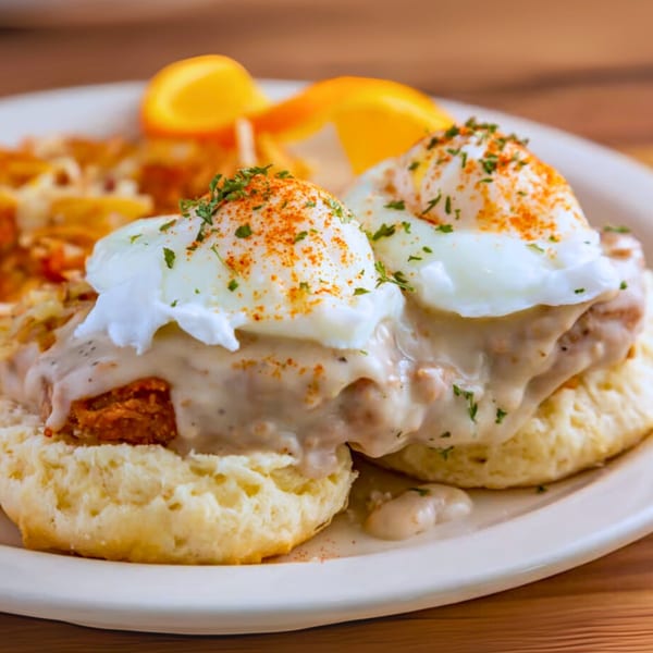 Buttermilk Eatery's biscuits and gravy with poached eggs, hash browns, and orange slices.