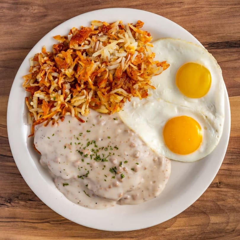 A breakfast plate with golden hash browns, two sunny-side-up eggs, and biscuits with gravy.